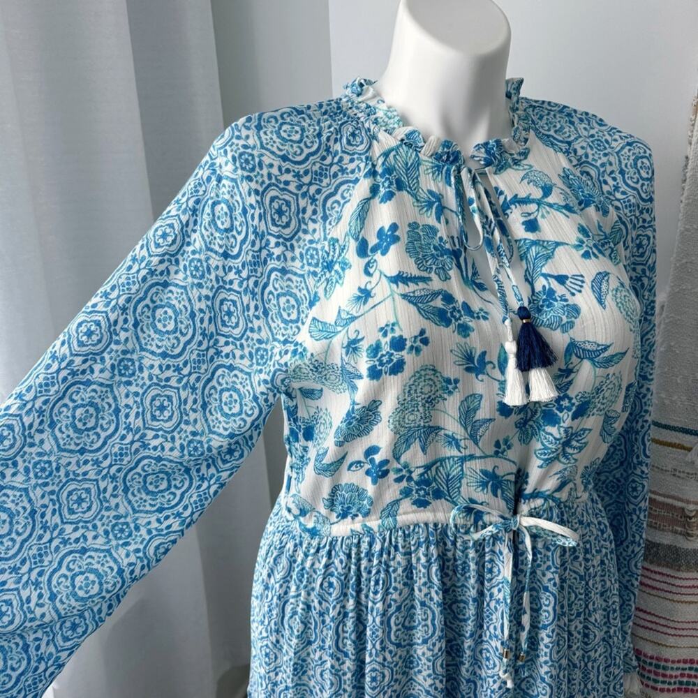House of Harlow 1960 Blue White Printed Long Sleeves Mini Dress Women’s Large - Picture 2 of 8